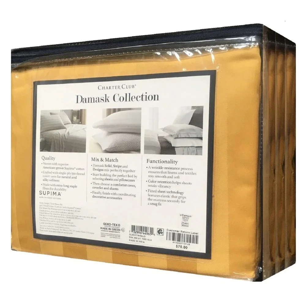 new SAFFRON STRIPE Charter Club Damask 550 TC 100% Cotton TWIN Sheet Set